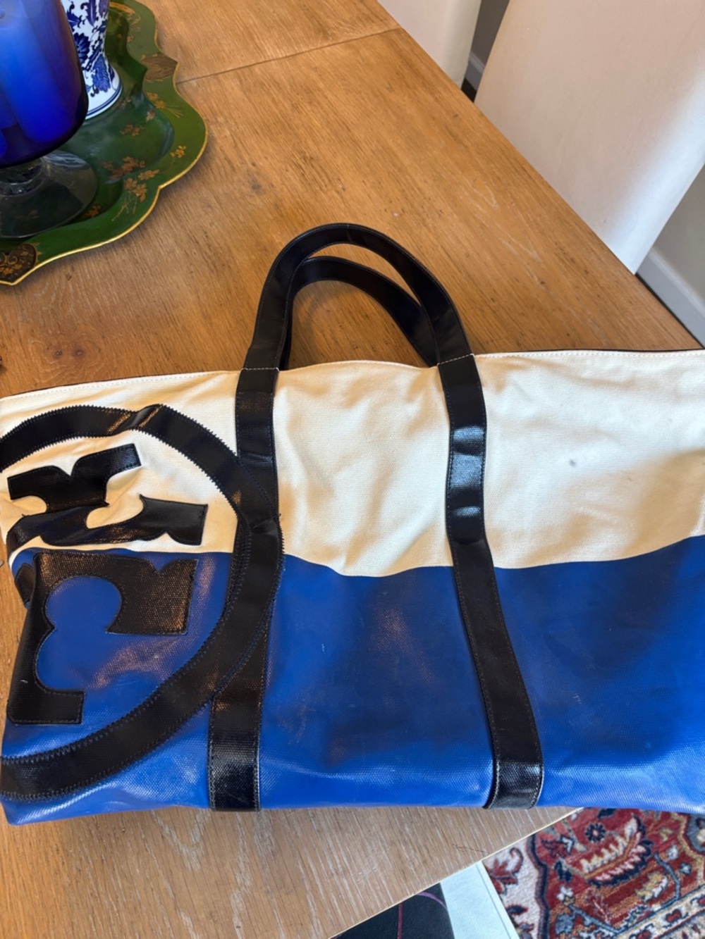 Tory Burch Blue and White Canvas Tote with Black Trim